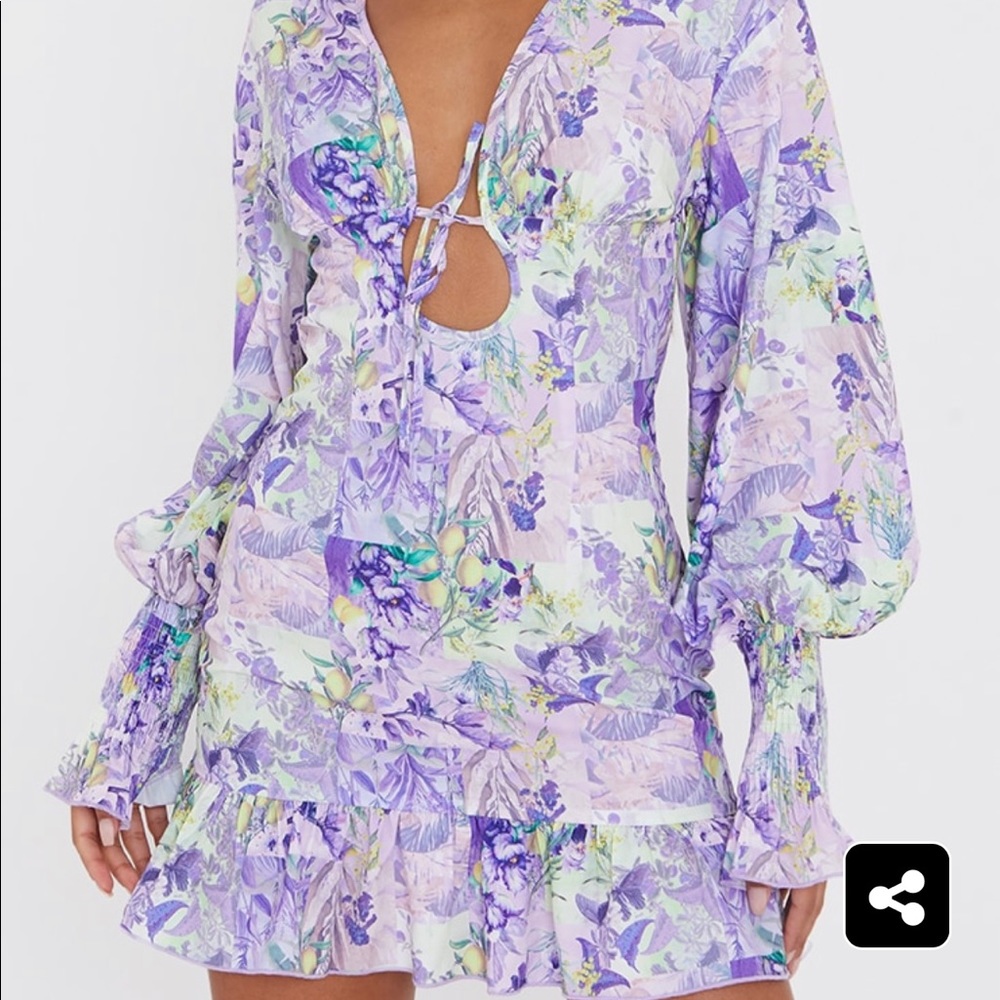 Blue Floral Tie Front Detail Frill Hem Shift Dress